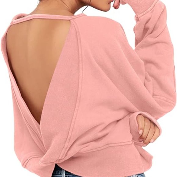 Womens Open Back Sweatshirts Long Sleeve Backless Shirts Crop Off Should - Picture 1 of 10